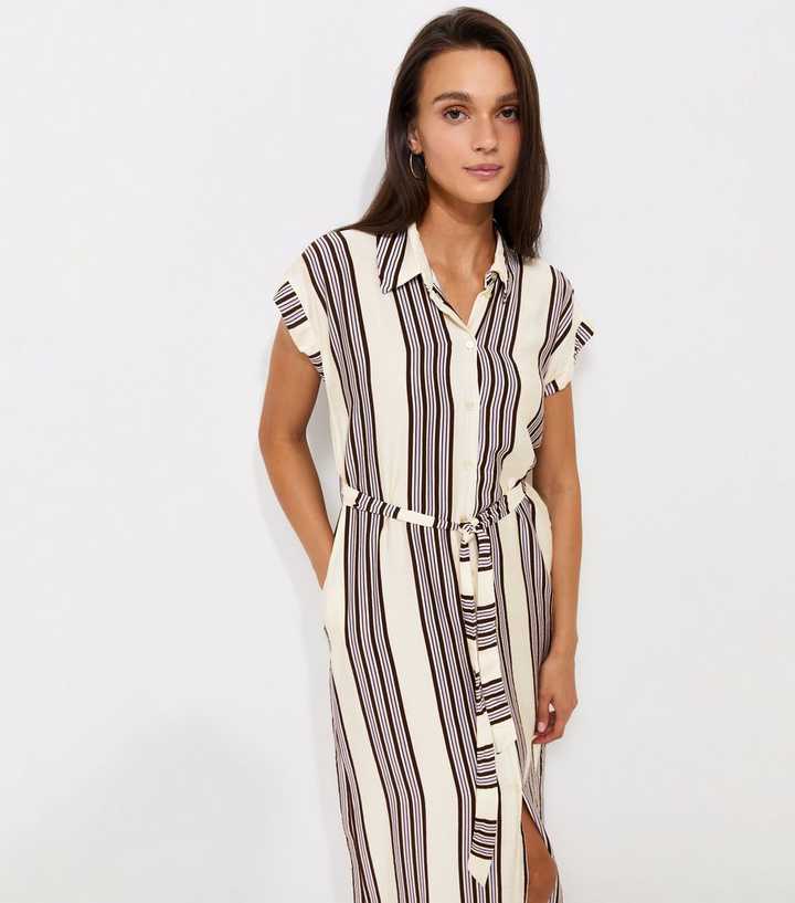 White Striped Short Sleeve Midi Shirt Dress