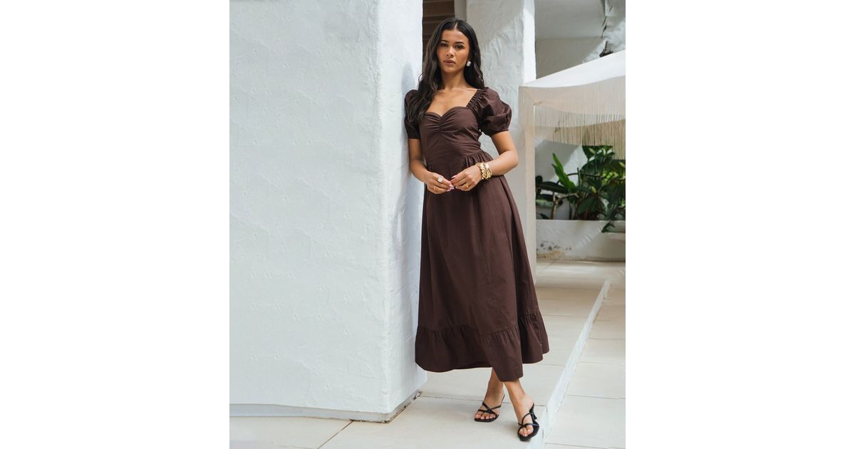 Gini London Dark Brown Puff Sleeves Midi Dress
