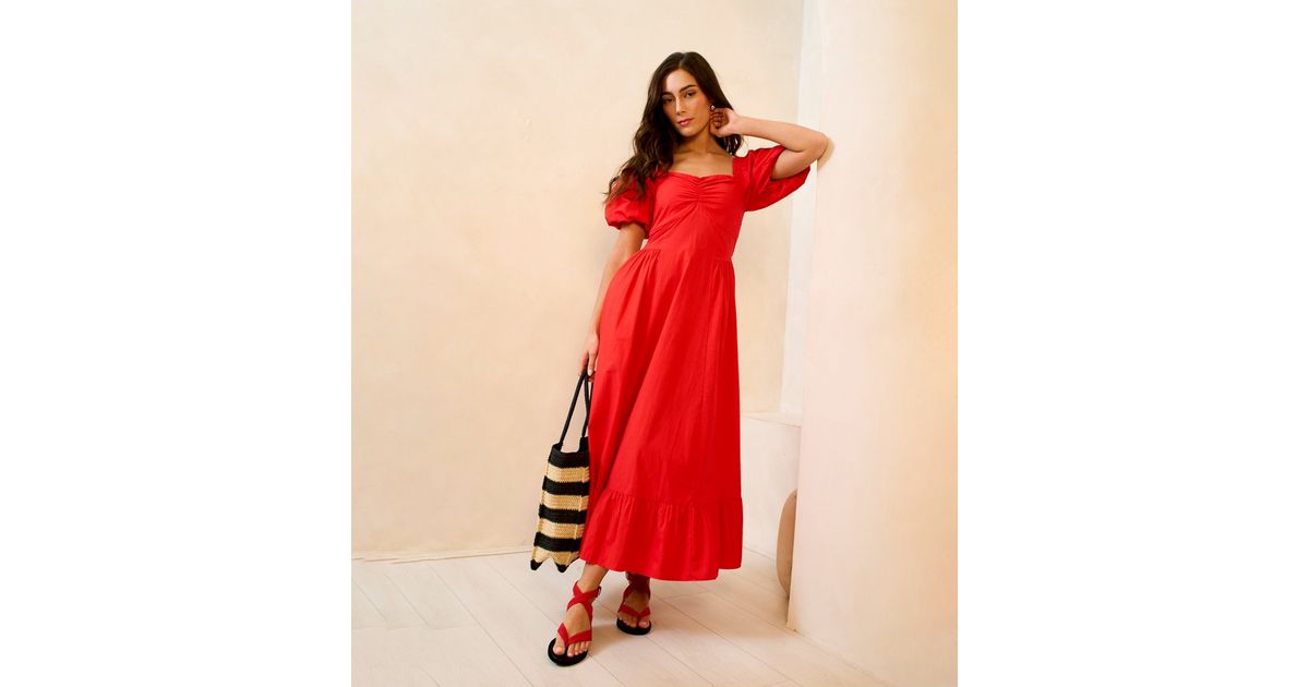 Gini London Bright Red Puff Sleeves Midi Dress