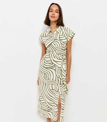 Cream Geometric Print Tie Waist Midi Shirt Dress
