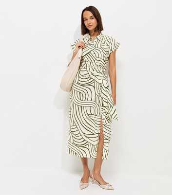 Cream Geometric Print Tie Waist Midi Shirt Dress