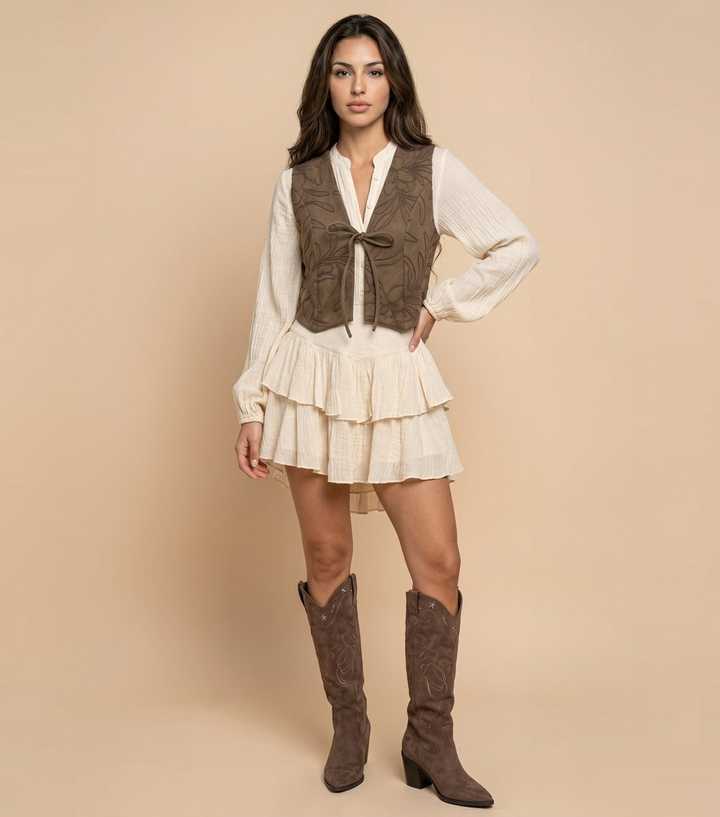 Urban Bliss Tan Floral Embroidered Waistcoat