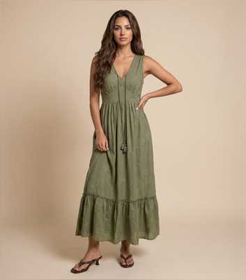 Urban Bliss Light Khaki Embroidered Tassel Maxi Dress