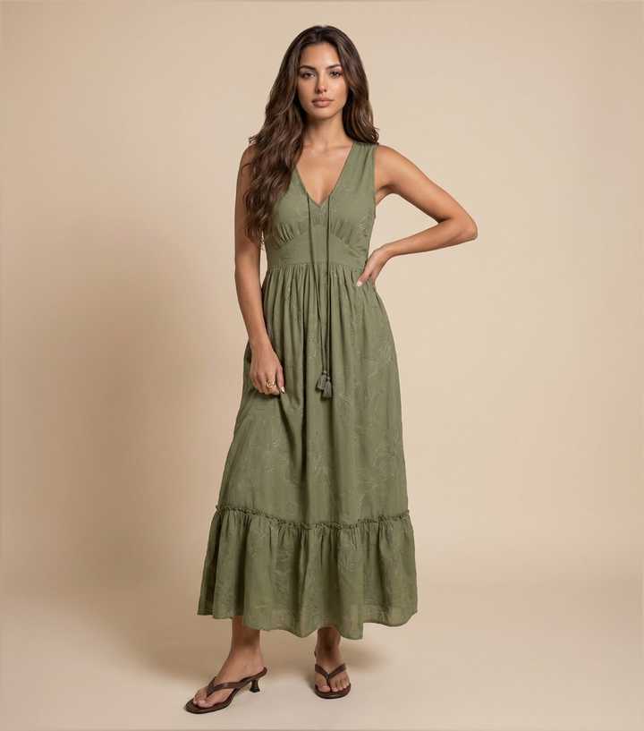 khaki embroidered dress Boden Women's Short Kaftan Jersey Dress in Green main image 1