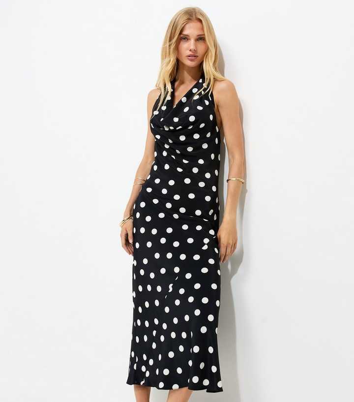 Black Satin Polka Dot Cowl Halterneck Midi Dress