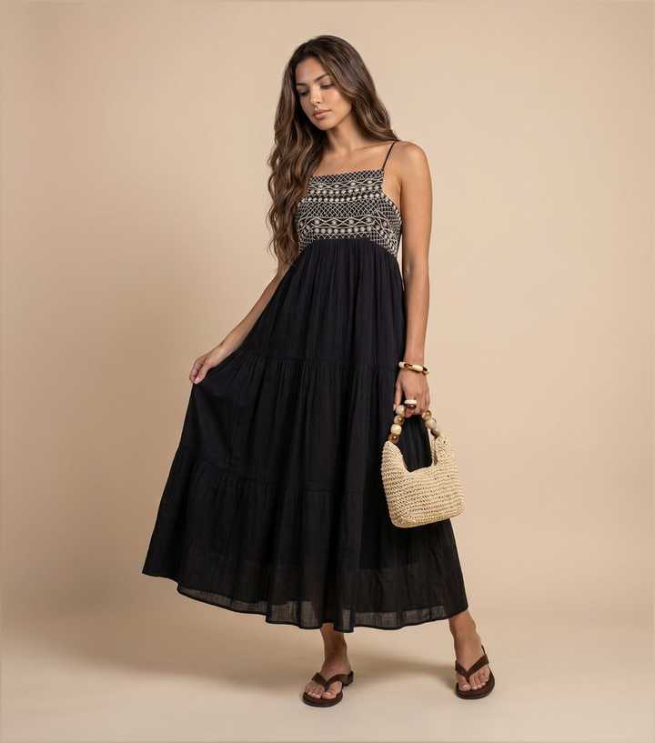 Urban Bliss Black Cotton Embroidered Panel Gauze Dress