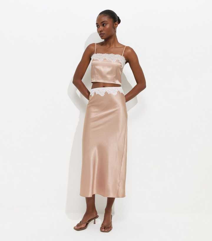 Camel Lace Waist Satin Midi Skirt