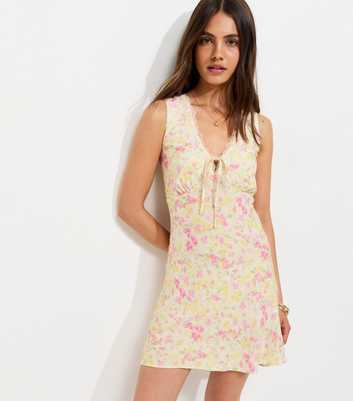 Cream Floral Print Lace Trim Mini Dress