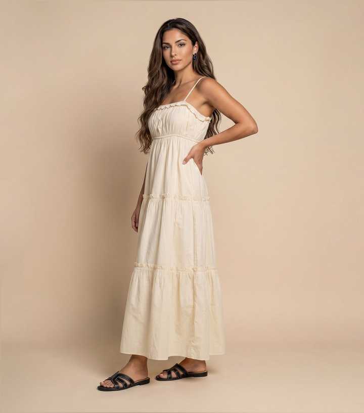 Urban Bliss Cream Cotton Ruched Tiered Maxi Dress