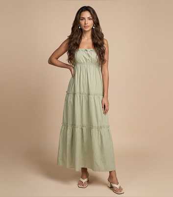 Urban Bliss Light Green Cotton Ruched Tiered Maxi Dress