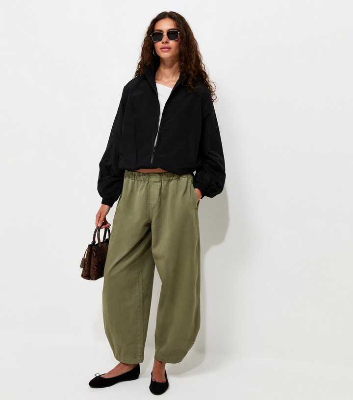 Khaki Cotton Barrel Leg Adjustable Taper Trousers