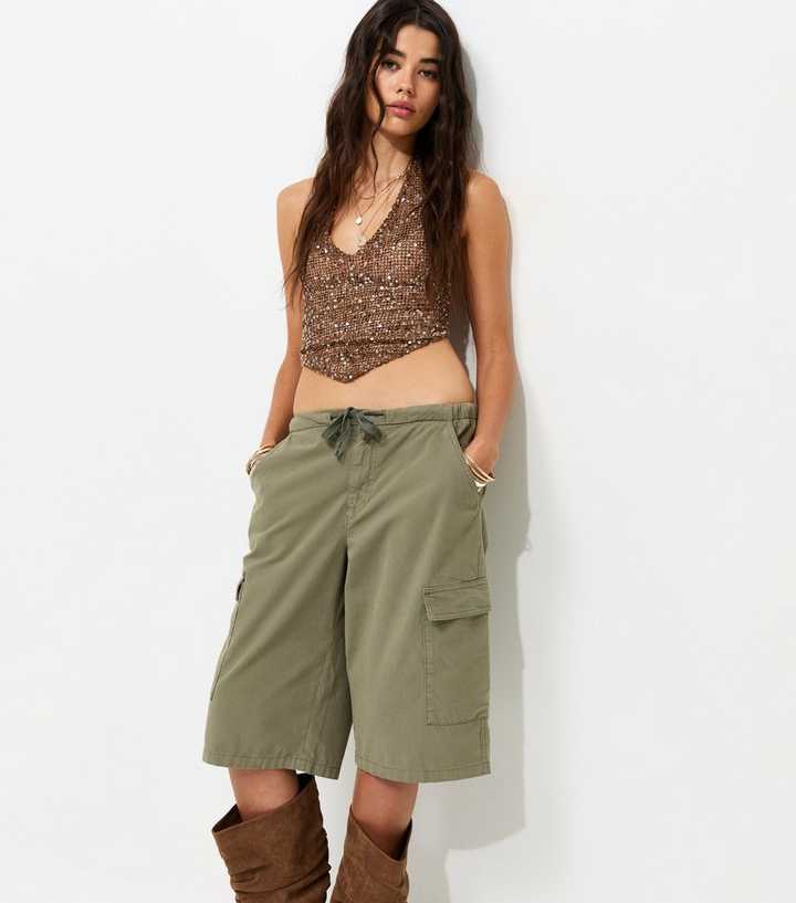 Dark Khaki Cotton Cargo Pocket Jort Shorts