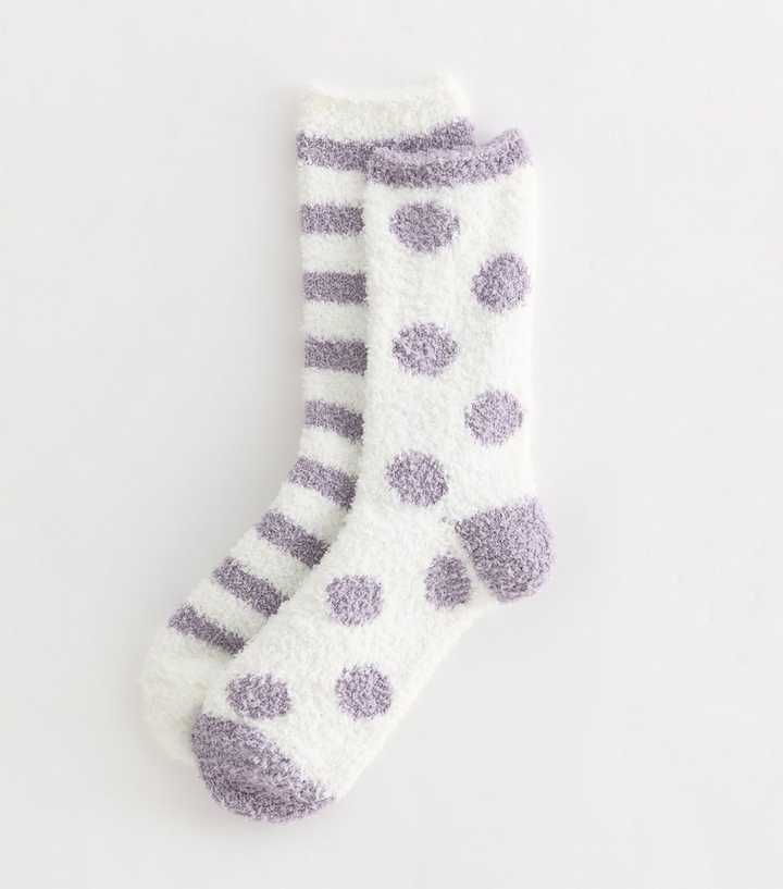 Pack of 2 Purple and White Spot And Stripe Cosy Knit Socks