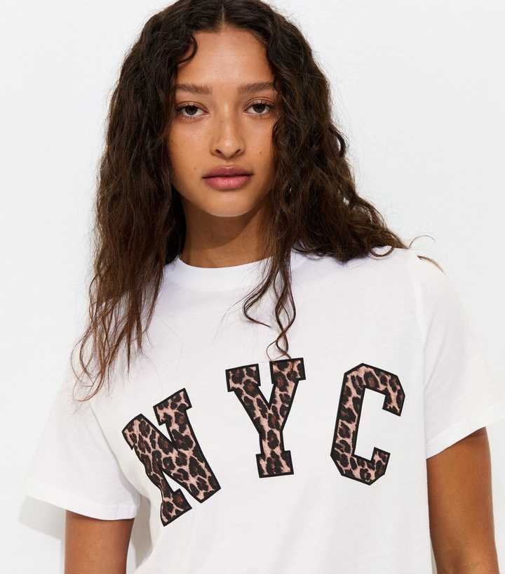 White Cotton Leopard Print NYC Logo T-Shirt