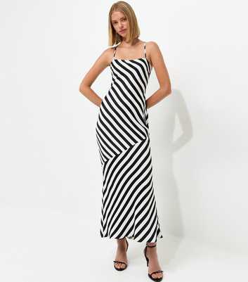 Black Satin Diagonal Stripe Slip Midi Dress