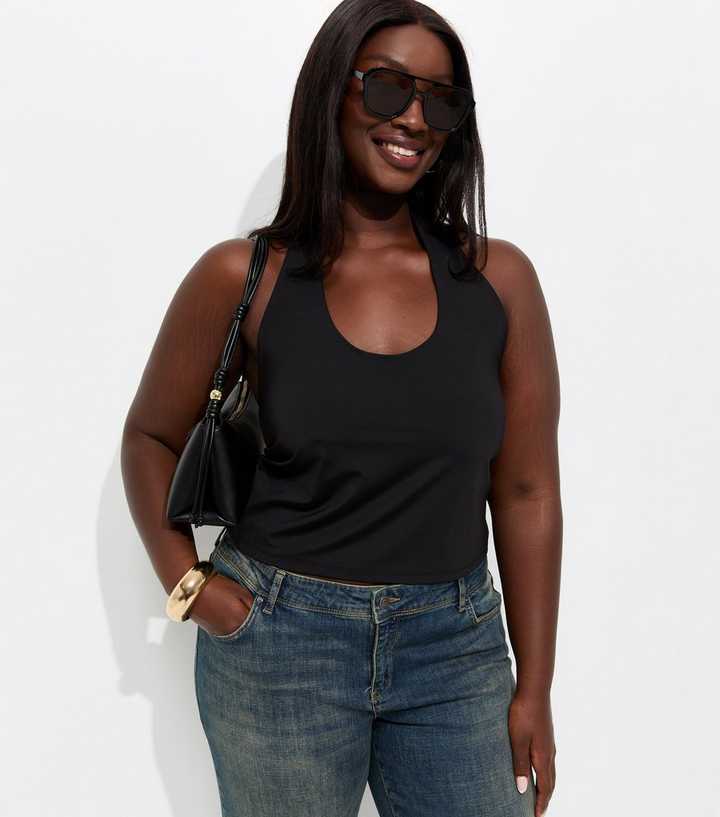 Curves Black Slinky Jersey Halter Neck Vest Top