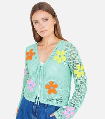 Yumi Light Green Flower Embroidered Tie Front Cardigan