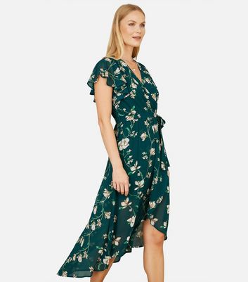 new look green floral wrap dress Yumi Green Floral Print Wrap Midi Dress