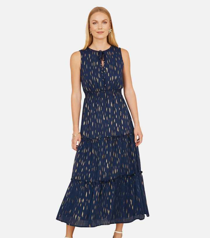 Yumi Navy Foil Print Ruched Dress