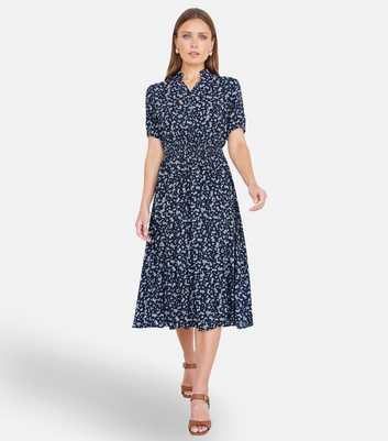 Yumi Navy Ditsy Floral Print Midi Shirt Dress