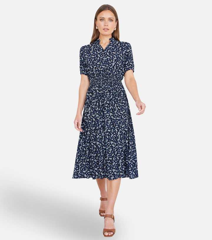 Yumi Navy Ditsy Floral Print Midi Shirt Dress