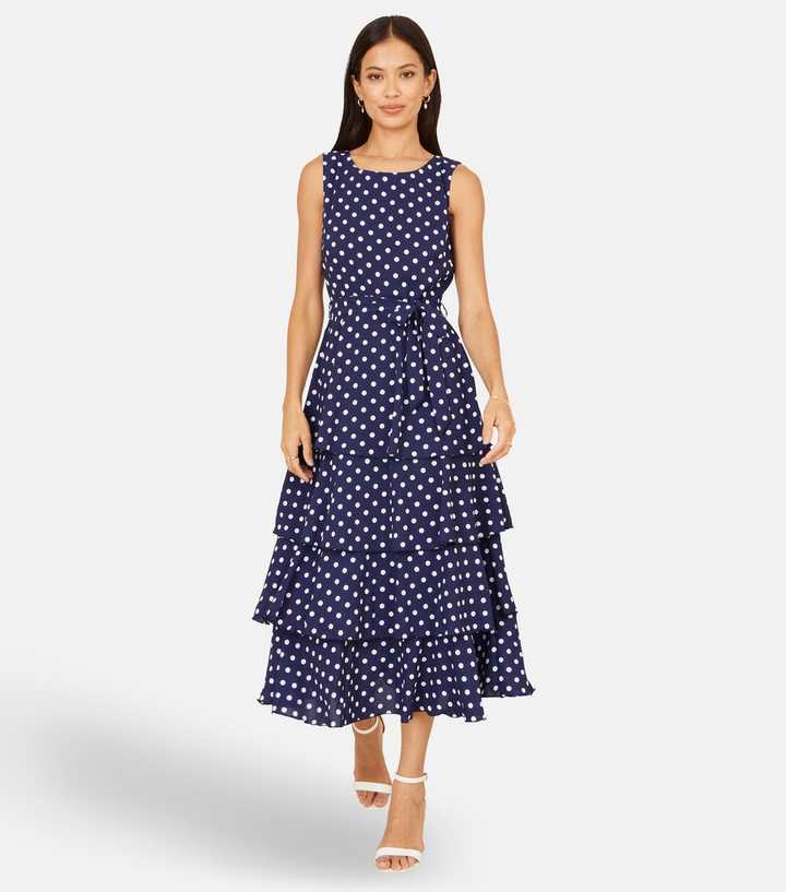Yumi Navy Spot Print Tiered Midi Dress