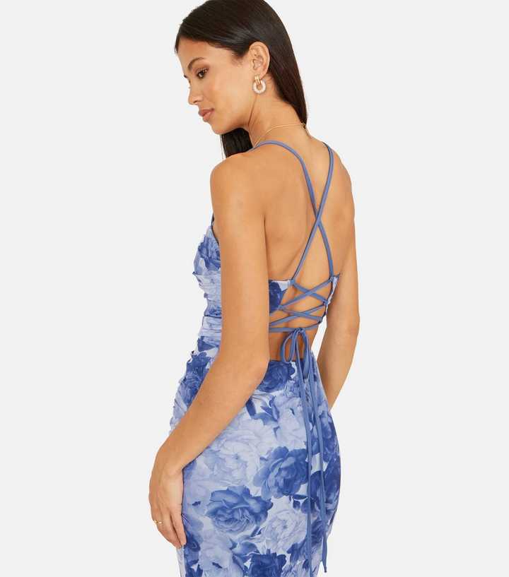Yumi Blue Mesh Ruched Midi Dress | New Look Yumi Blue Mesh Ruched Midi Dress | New Look