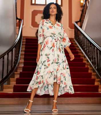 Yumi Off White Floral Print Wrap Dress