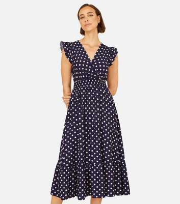 Yumi Navy Spot Print Ruched Midi Dress