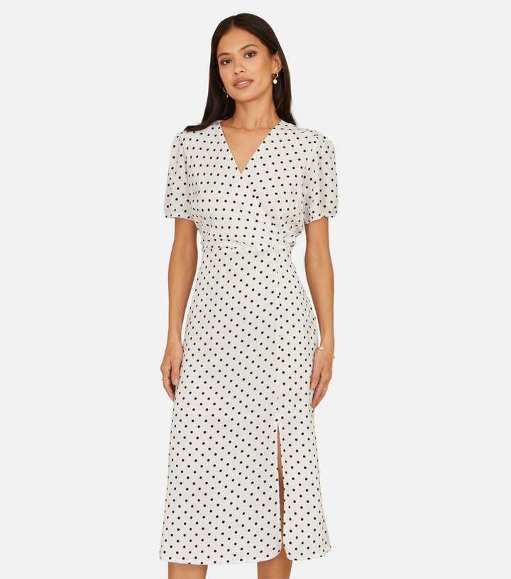 Yumi White Spot Print Wrap Tea Midi Dress