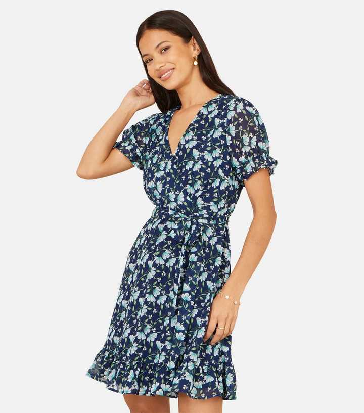 Yumi Navy Floral Print Skater Wrap Mini Dress
