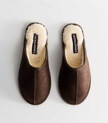 Jack & Jones Dark Brown Faux Shearling Lined Backless Slippers