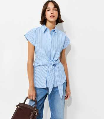 Blue Cotton Rich Striped Tie Front Short Sleeve Shirt