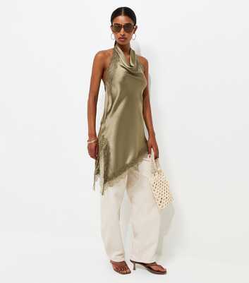 Dark Khaki Satin Lace Trim Asymmetric Hem Cowl Neck Top