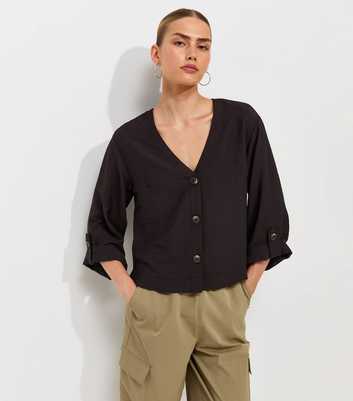 Black Crinkle Texture V-Neck Shirt