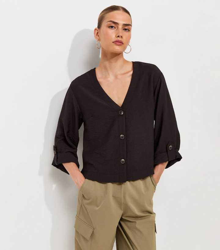 Black Crinkle Texture V-Neck Shirt
