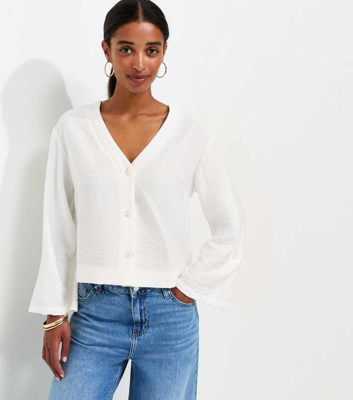 Cream Crinkle Texture V-Neck Shirt