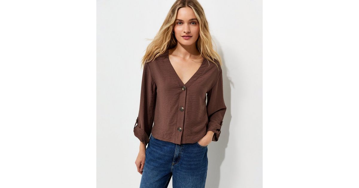 Dark Brown Crinkle Texture V-Neck Shirt