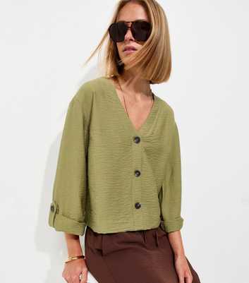 Dark Khaki Crinkle Texture V-Neck Shirt