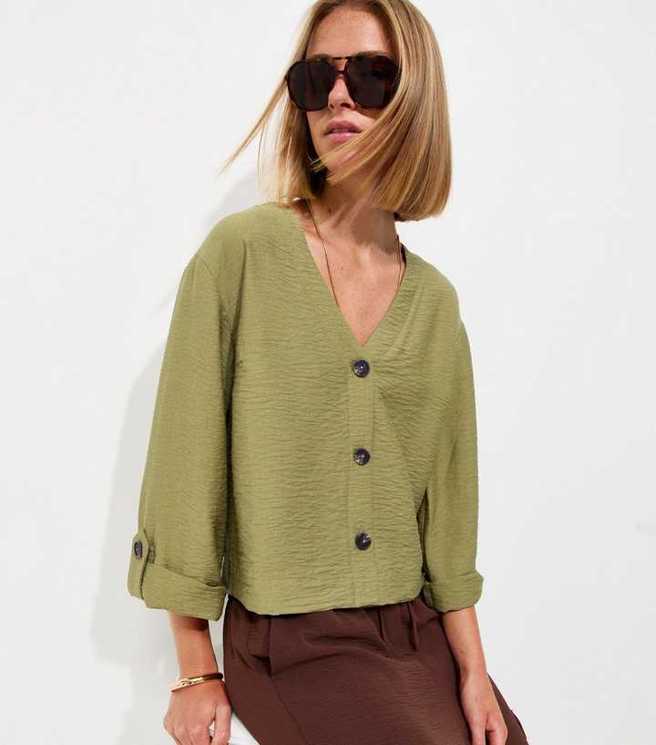 Dark Khaki Crinkle Texture V-Neck Shirt
