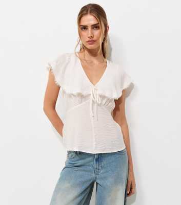 Cream Lace Trim Ruffled Collar Blouse