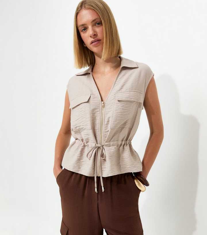 Stone Zip Front Drawstring Sleeveless Shirt