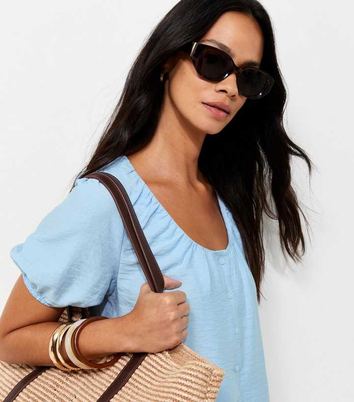 Light Blue Button Drawstring Bubble Hem Blouse