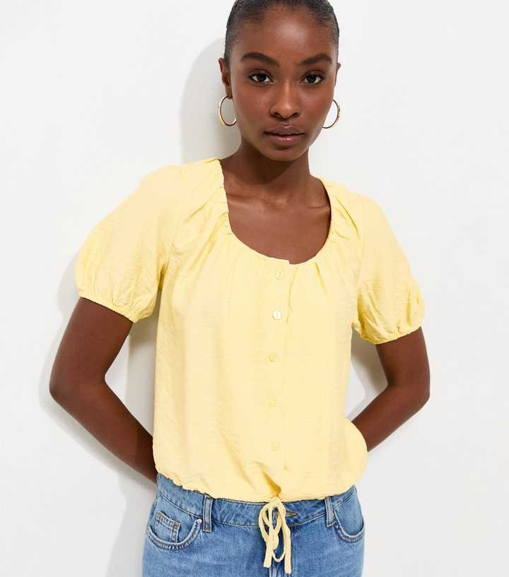 Light Yellow Button Drawstring Bubble Hem Blouse