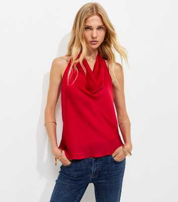 Red Cowl Neck Satin Halter Top