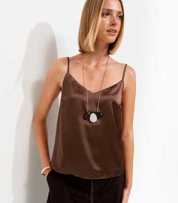 Dark Brown Satin V-Neck Cami Top