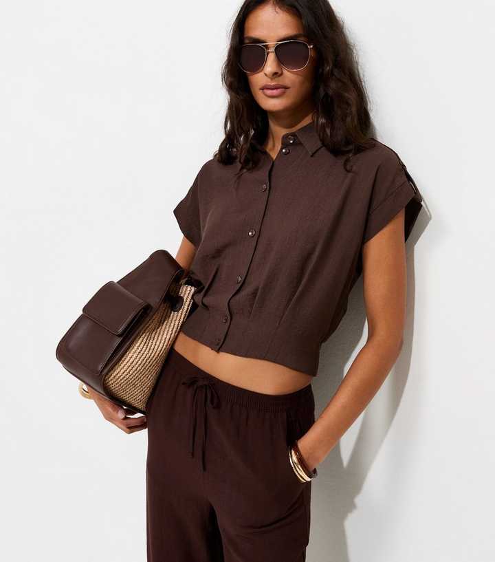 Dark Brown Pleated Short Sleeve Shirt