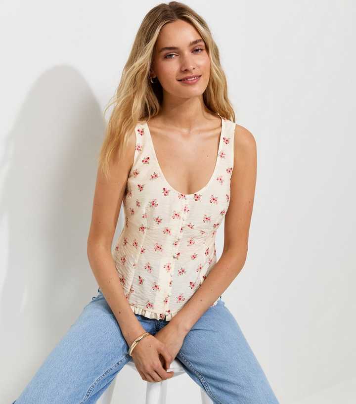 Cream Floral Button Tea Blouse