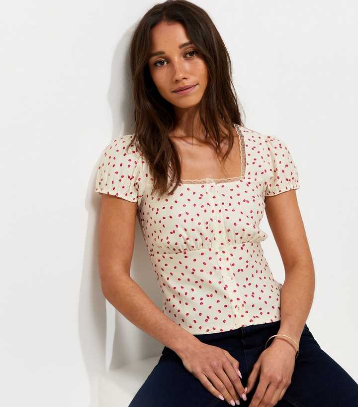 Cream Lips Print Lace Trim Milkmaid Top