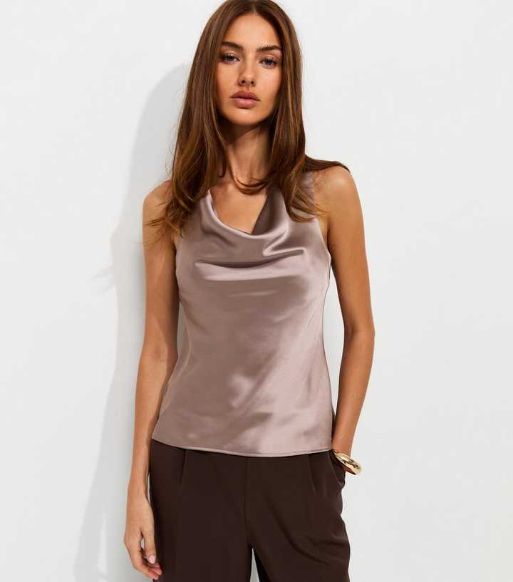 Mink Satin Cowl Neck Sleeveless Top